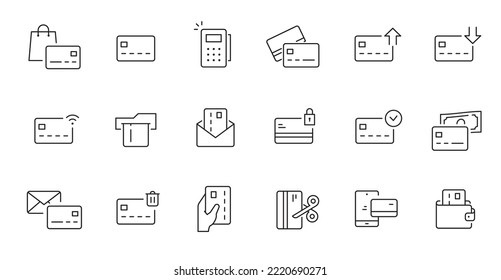 Online payment, online bank line icon set. Credit card money transaction, online wallet pay, shopping business pictogram. Outline editable stroke icon set. Vector illustration.