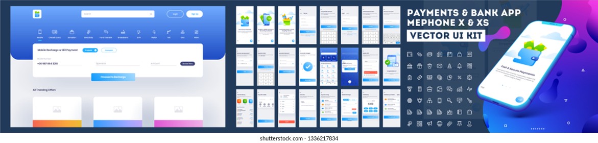 Online Payment Or Banking App UI Kit With Website Menu Like As, Credit Cards, Saving, Checking Accounts And Transaction Confirmation.