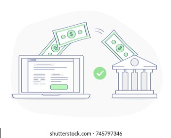 Online payment, banking or money transfer concept. After clicking the button on the site, money flies from the laptop directly to the bank. Flat outline vector element, premium quality illustration.