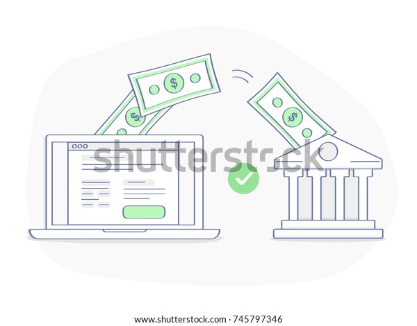 オンライン支払 銀行振込 または送金のコンセプト サイトのボタンをクリックすると ノートパソコンから銀行 に直接お金が流れ込みます 平面の輪郭のベクター画像エレメント プレミアム品質イラスト のベクター画像素材 ロイヤリティフリー