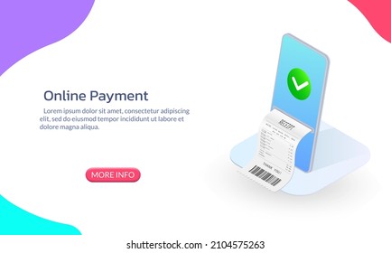 Online payment banner. 3d Mobile phone with receipt or bill. Smartphone pay concept. Isometric electronic invoice. Vector illustration.