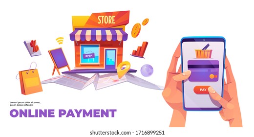 Online payment banner. Human hands holding smartphone with credit card and shopping cart on screen. Smart wallet, purse app, connected secure money internet transaction. Cartoon vector illustration