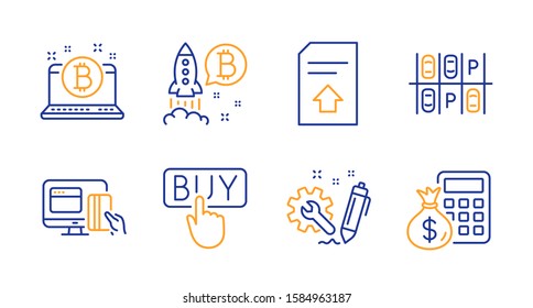 Online payment, Buying and Upload file line icons set. Engineering, Parking place and Bitcoin signs. Bitcoin project, Finance calculator symbols. Money, E-commerce shopping. Technology set. Vector