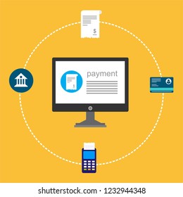 Online payment by bank card and cryptocurrency. Vector flat concept illustration of electronic bill with mobile smartphone, gold coins and invoice.