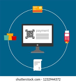 Online payment by bank card and cryptocurrency. Vector flat concept illustration of electronic bill with mobile smartphone, gold coins and invoice.