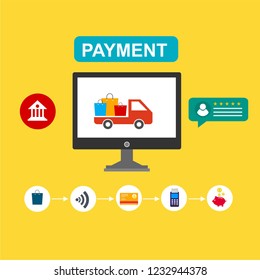 Online payment by bank card and cryptocurrency. Vector flat concept illustration of electronic bill with mobile smartphone, gold coins and invoice.