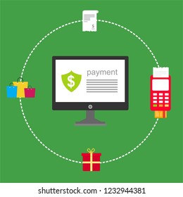 Online payment by bank card and cryptocurrency. Vector flat concept illustration of electronic bill with mobile smartphone, gold coins and invoice.
