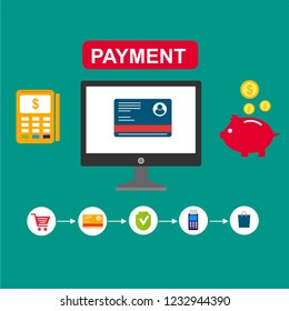 Online payment by bank card and cryptocurrency. Vector flat concept illustration of electronic bill with mobile smartphone, gold coins and invoice.