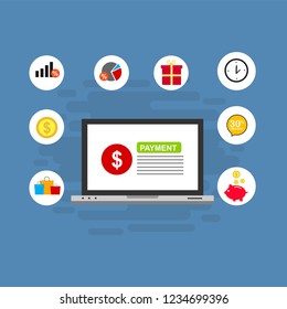 Online payment by bank card and cryptocurrency. Vector flat concept illustration of electronic bill with mobile smartphone, gold coins and invoice.