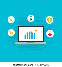Online payment by bank card and cryptocurrency. Vector flat concept illustration of electronic bill with mobile smartphone, gold coins and invoice.