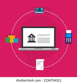 Online payment by bank card and cryptocurrency. Vector flat concept illustration of electronic bill with mobile smartphone, gold coins and invoice.