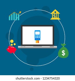 Online payment by bank card and cryptocurrency. Vector flat concept illustration of electronic bill with mobile smartphone, gold coins and invoice.