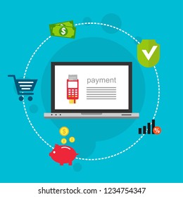 Online payment by bank card and cryptocurrency. Vector flat concept illustration of electronic bill with mobile smartphone, gold coins and invoice.