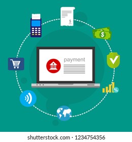 Online payment by bank card and cryptocurrency. Vector flat concept illustration of electronic bill with mobile smartphone, gold coins and invoice.
