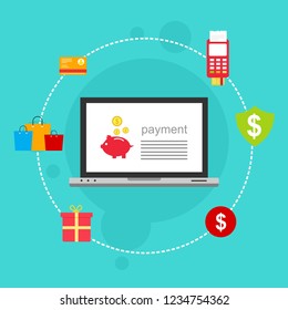 Online payment by bank card and cryptocurrency. Vector flat concept illustration of electronic bill with mobile smartphone, gold coins and invoice.