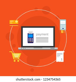 Online payment by bank card and cryptocurrency. Vector flat concept illustration of electronic bill with mobile smartphone, gold coins and invoice.