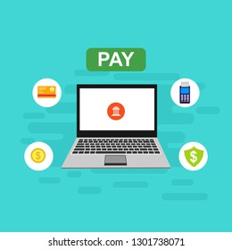 Online payment by bank card and cryptocurrency. Vector flat concept illustration of electronic bill with mobile smartphone, gold coins and invoice. - Vector
