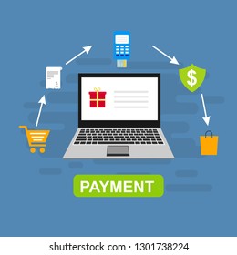 Online payment by bank card and cryptocurrency. Vector flat concept illustration of electronic bill with mobile smartphone, gold coins and invoice. - Vector