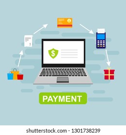 Online payment by bank card and cryptocurrency. Vector flat concept illustration of electronic bill with mobile smartphone, gold coins and invoice. - Vector