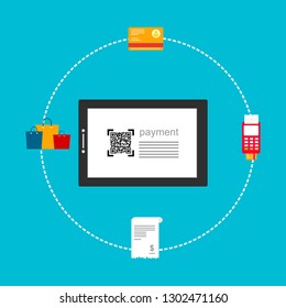 Online payment by bank card and cryptocurrency. Vector flat concept illustration of electronic bill with mobile smartphone, gold coins and invoice.