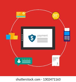 Online payment by bank card and cryptocurrency. Vector flat concept illustration of electronic bill with mobile smartphone, gold coins and invoice.