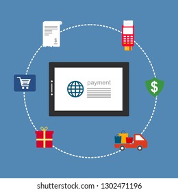 Online payment by bank card and cryptocurrency. Vector flat concept illustration of electronic bill with mobile smartphone, gold coins and invoice.