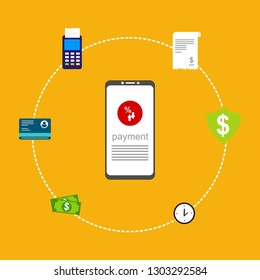 Online payment by bank card and cryptocurrency. Vector flat concept illustration of electronic bill with mobile smartphone, gold coins and invoice
