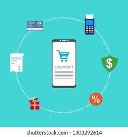 Online payment by bank card and cryptocurrency. Vector flat concept illustration of electronic bill with mobile smartphone, gold coins and invoice