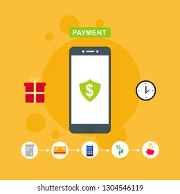 Online payment by bank card and cryptocurrency. Vector flat concept illustration of electronic bill with mobile smartphone, gold coins and invoice.