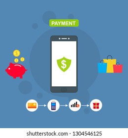 Online payment by bank card and cryptocurrency. Vector flat concept illustration of electronic bill with mobile smartphone, gold coins and invoice.