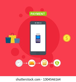 Online payment by bank card and cryptocurrency. Vector flat concept illustration of electronic bill with mobile smartphone, gold coins and invoice.