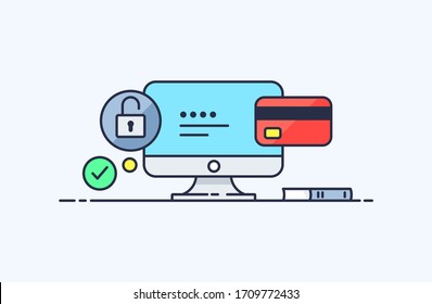 Pago en línea por tarjeta bancaria e icono de seguridad financiera en línea plana. Concepto de diseño de ilustración vectorial aislada en fondo ligero para aplicaciones web y móviles. 