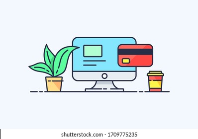 Online payment by banking card icon in flat line style. Design concept of vector illustration isolated on light background for website and mobile apps. 