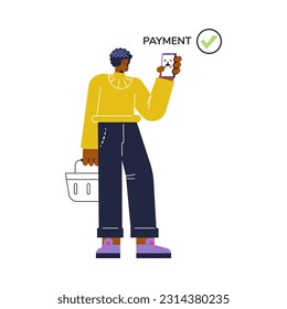 Online payment by biometric face authentication flat cartoon vector illustration isolated on white background. Facial screening and biometric id concept.