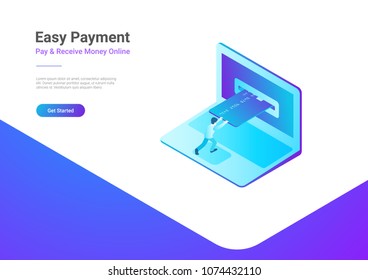 Online Payment by Credit Card on Laptop isometric flat vector illustration. Man using bank card in notebook online shopping concept.