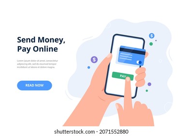 Online payment by credit card concept. Pay by card via electronic wallet on a smartphone. Trendy flat vector illustration for banners, landing page template, mobile app.