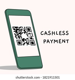 Online payment by phone and scan QR code. The new normal lifestyle is cashless payment to avoid touch with other people or public surfaces. Vector illustration.