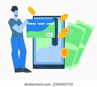 Pago en línea, pago con tarjeta y fácil transacción. Ilustración vectorial plana de contrapeso y comercio electrónico aislada sobre fondo blanco.