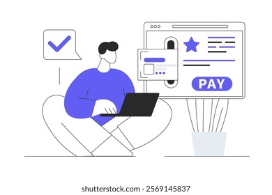 Online payment. Character getting invoice and paying purchases with credit card in online banking using website form. Flat Cartoon Vector Illustration, icon. Stylish abstract