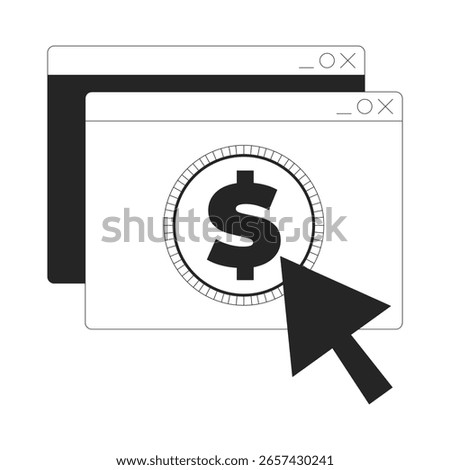 Online payment click with dollar line onboarding ui illustration. Browser windows with financial coin. Pay checkout. Digital transaction outline 2D concept isolated. Ink linear metaphor vector art