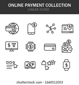Colección de pagos en línea iconos lineales en negro sobre fondo blanco
