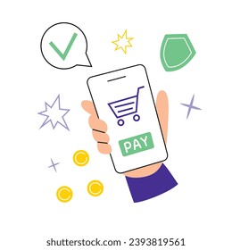 Composición de pagos en línea, ilustración de vectores de compras por internet, botón de pago en pantalla de smartphone en mano humana, aplicación de banco móvil para compras en línea, uso de teléfono celular para comprar, colorido clipart