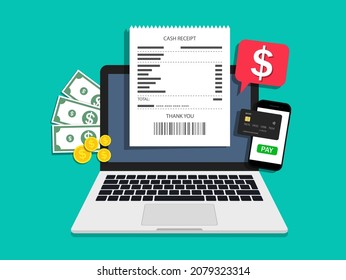 Online payment in computer with invoice, money, credit card and smartphone. Electronic bill for online transaction. Bank receipt in laptop. Icon of pay tax. Notification on screen. Payroll id. Vector.