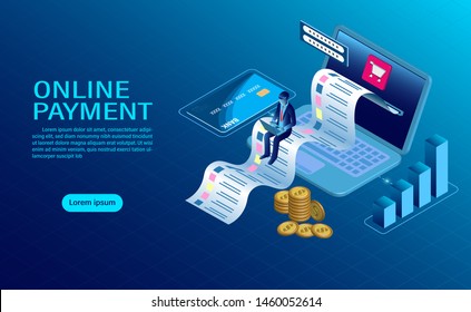 online payment with computer. protection of money in laptop transactions. modern flat design isometric. illustration