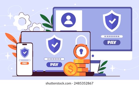 Pago en línea en la computadora. Tableta y computadora junto a monedas de oro. Compra online y comercio electrónico. Aplicación bancaria para transferencias y transacciones sin efectivo. Ilustración vectorial plana