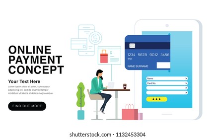 Online Payment Concept 2018 - New Trends And Modern Minimalism Style With Colour Transition. Can Use For Web, Landing Page, Infographics, Editorial, Commercial Use And Others. Vector.