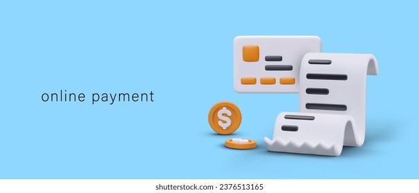 Online payment concept. 3D credit card, coin, paper receipt. Electronic payments, online money transfer. Financial reporting, digital receipt. Virtual cash register