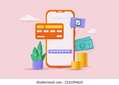 Ilustración 3D del concepto de pago en línea. Garantizar las transacciones financieras y transferencias con tarjetas de crédito en la aplicación bancaria de la interfaz móvil. Ilustración vectorial para diseño de banners web modernos