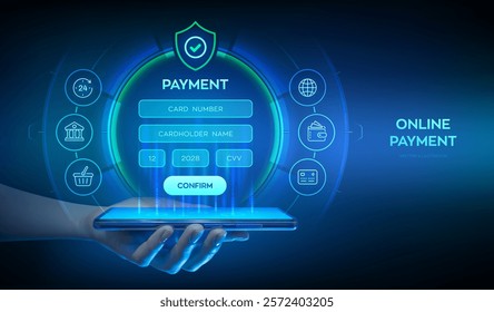 Online payment concept. Online banking digital technology. Online payment via banking application using smartphone. Online shopping. Financial transaction. Smartphone in hand. Vector illustration.