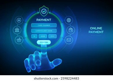 Online payment concept. Online banking digital technology. Online payment via banking application. Online shopping. Financial transaction. Wireframe hand press the button. Vector illustration.